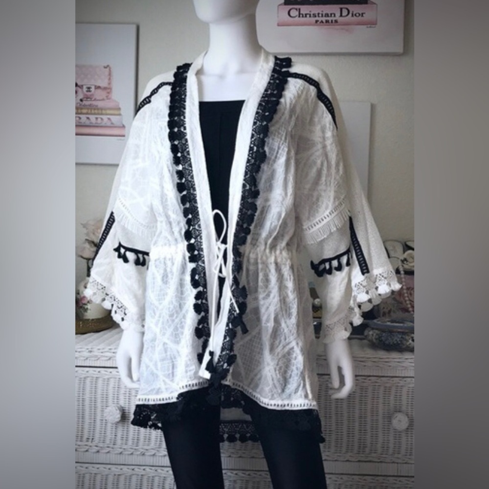 Jonathan Simkhai Sheer Wrap Top Cotton Lace Open Front Tassels Cream Black Sz. S